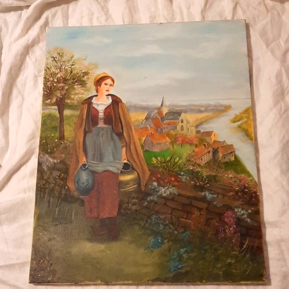 Beautiful folk Art Dutch girl, village ,flowersunframed